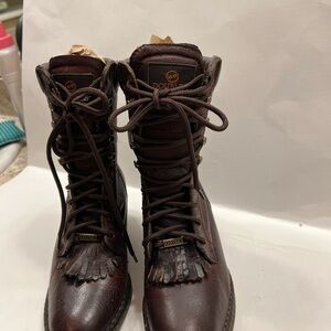 Double-H Brown Lace-Up  Leather Upper Boots with Stitched Logo Size 6M